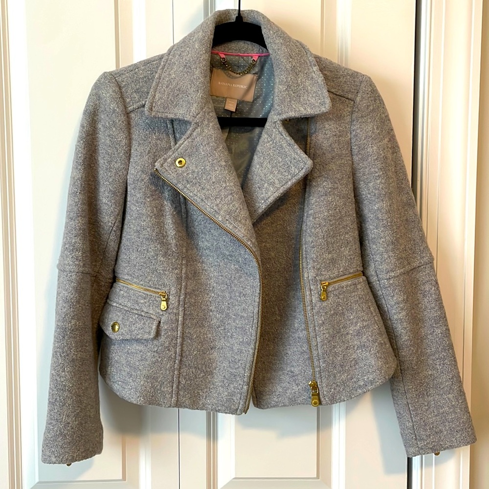 Banana Republic boucle Moto jacket with back ruffle